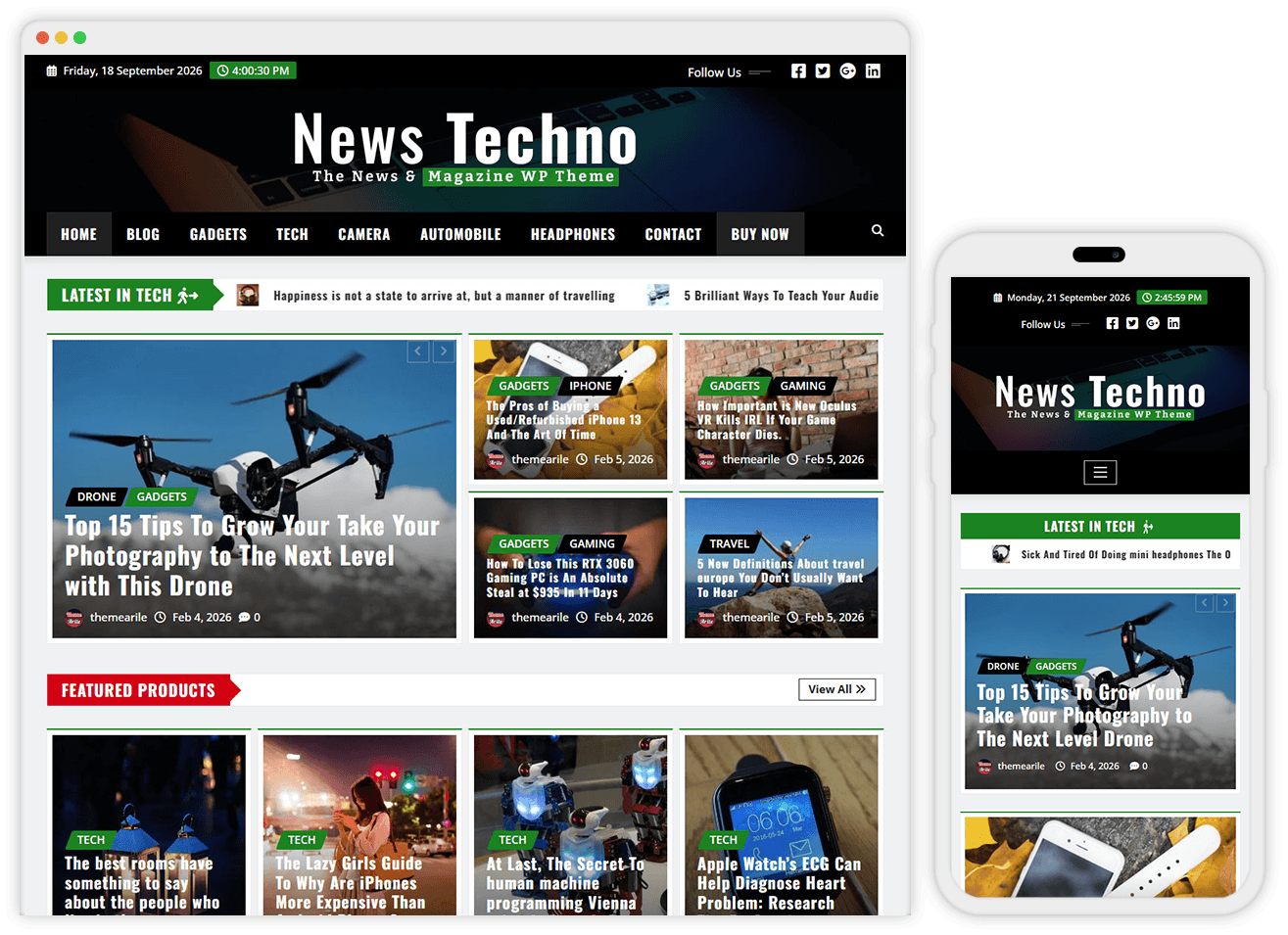 News Techno responsive news and magazine WordPress theme homepage layout preview