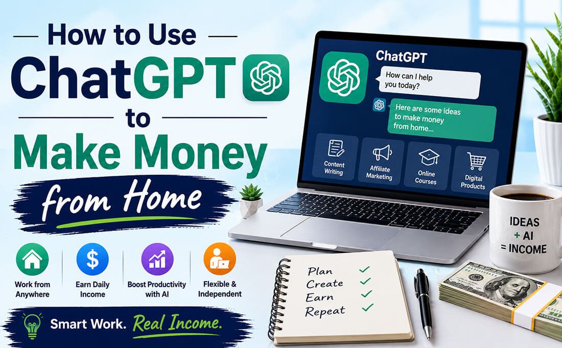 How to use ChatGPT to make money from home with AI-powered online business ideas, freelancing, blogging, affiliate marketing, and digital income opportunities.